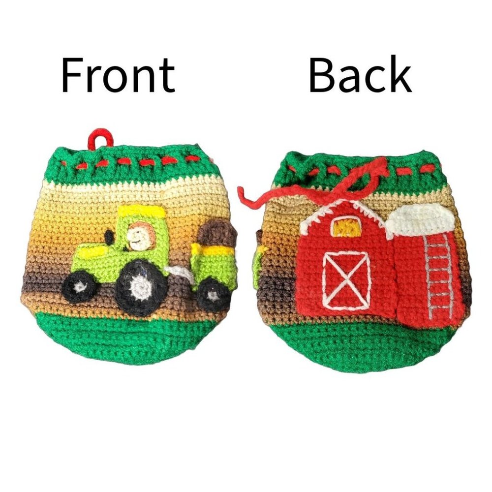 Handmade Crochet Drawstring Pouch Bag Farm Themed Barn and Tractor with‎ Farmer